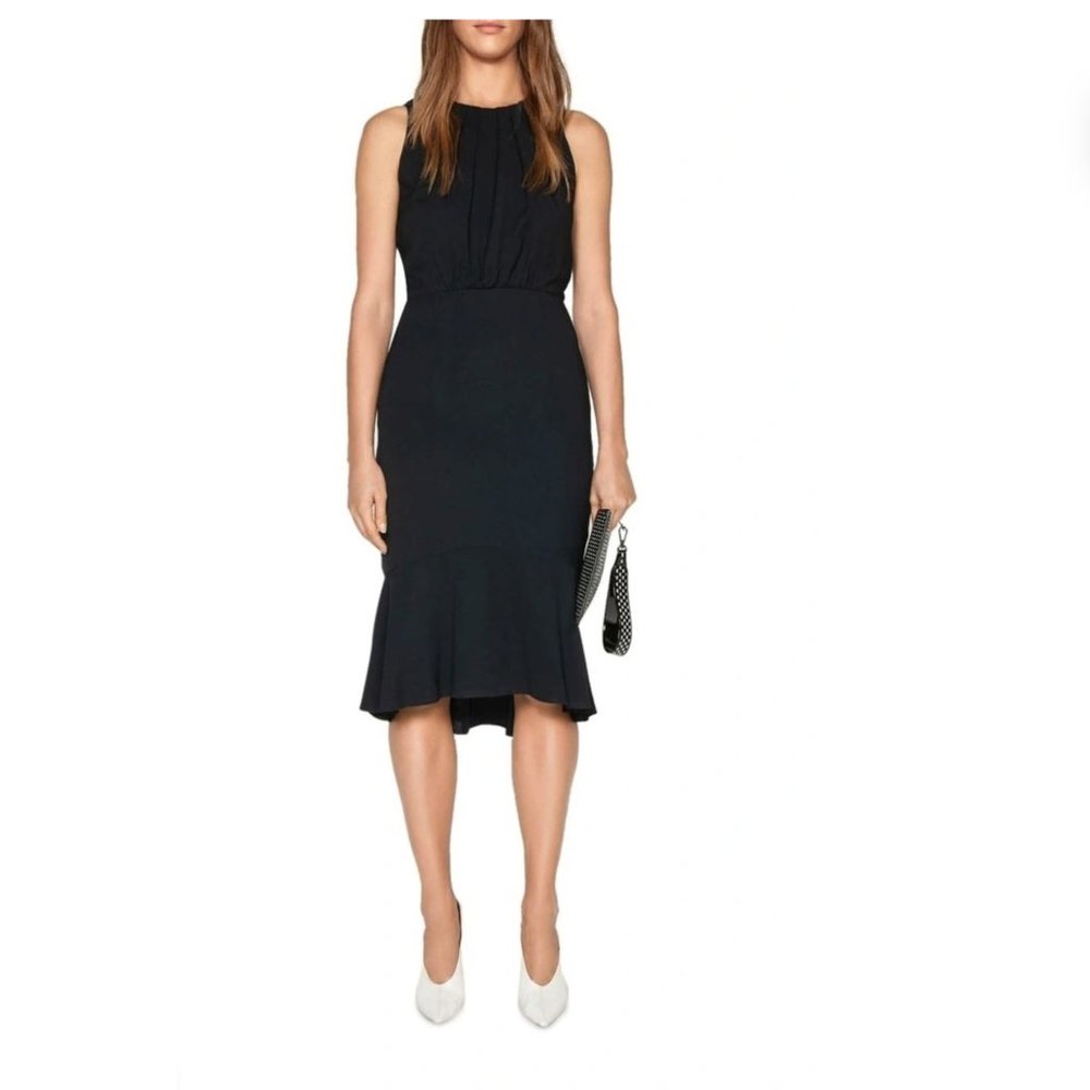 Work dress: Cue Navy Fluted Hem Midi Dress